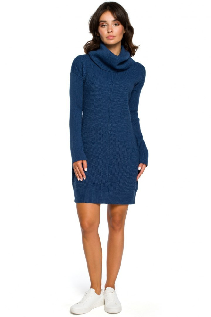 Sukienka Mini - Swetrowa Z Golfem - niebieska